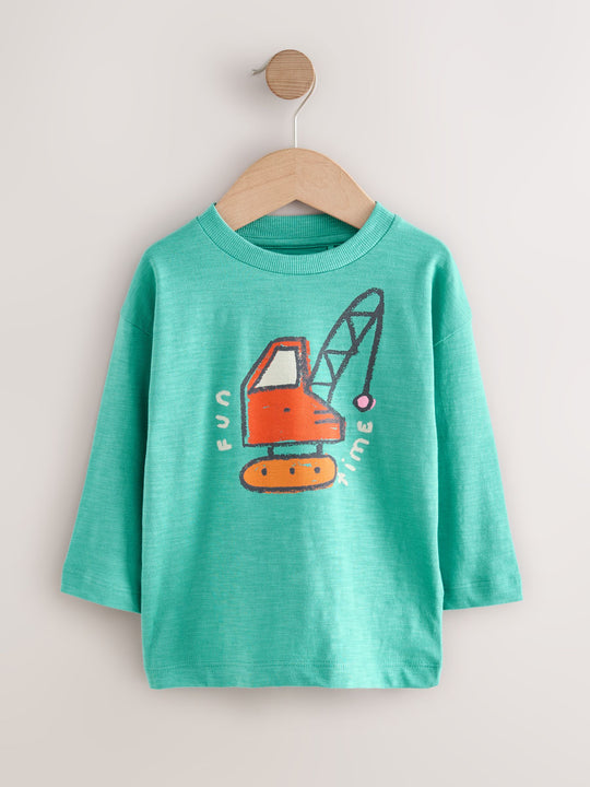 Multi Digger Long Sleeve Graphic Print T-Shirts 3 Pack (3mths-7yrs)