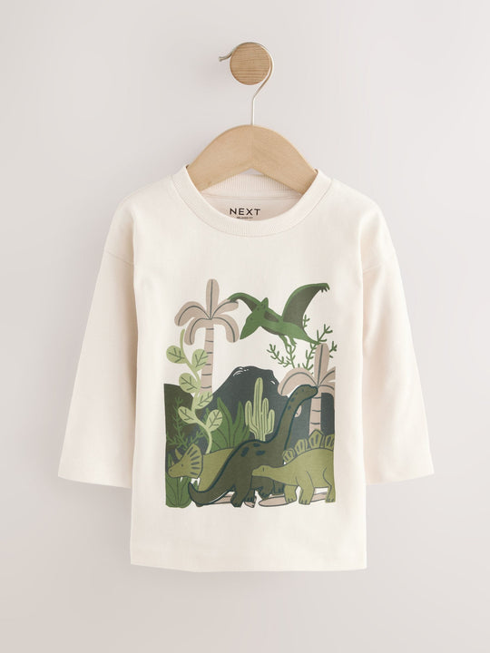 Green Dinosaur Long Sleeve Graphic Print T-Shirts 3 Pack (3mths-7yrs)