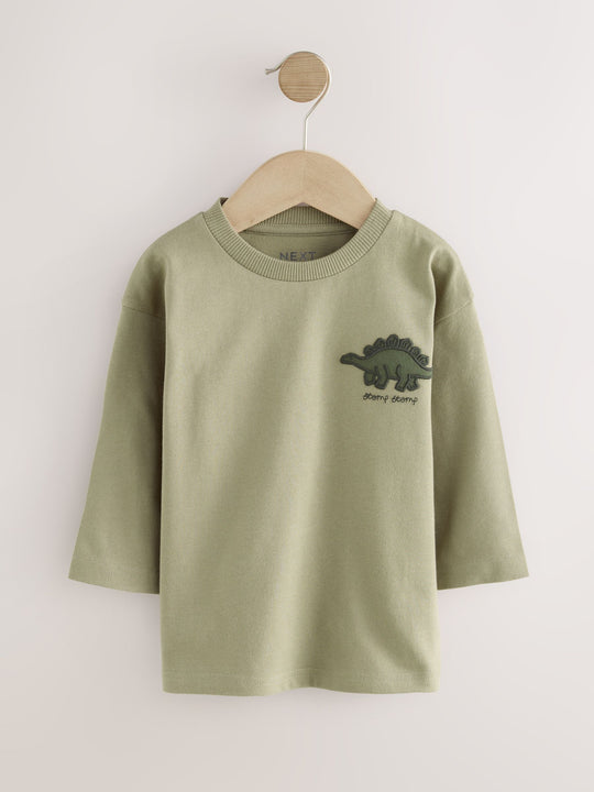 Green Dinosaur Long Sleeve Graphic Print T-Shirts 3 Pack (3mths-7yrs)
