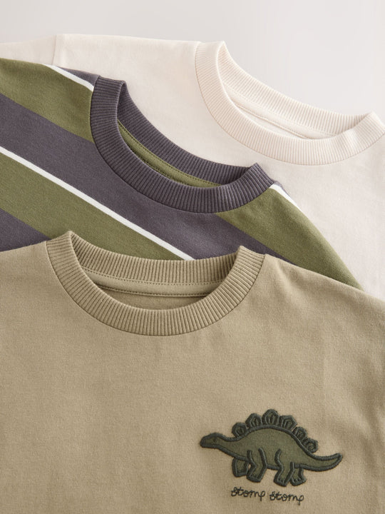 Green Dinosaur Long Sleeve Graphic Print T-Shirts 3 Pack (3mths-7yrs)