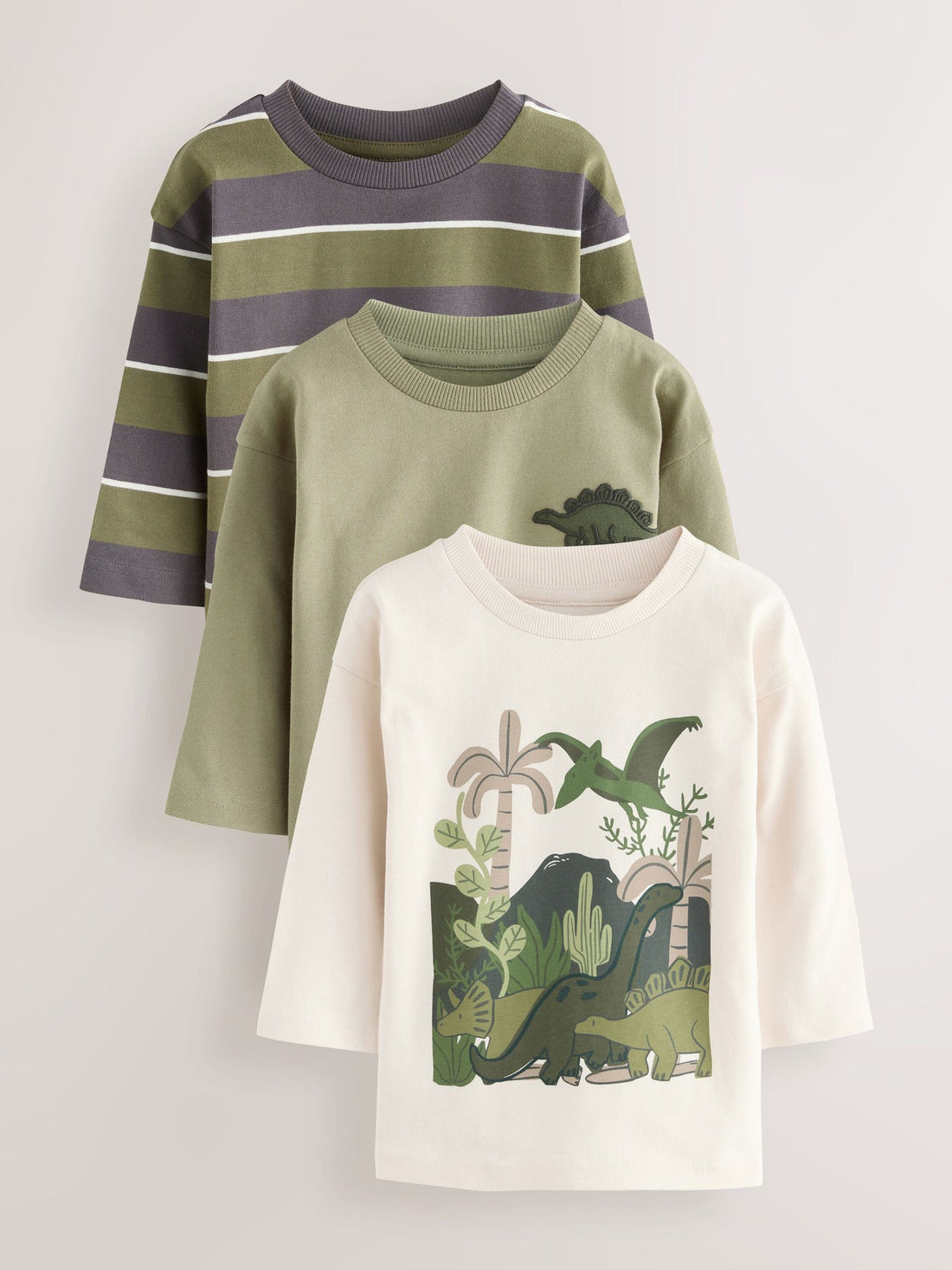 Green Dinosaur Long Sleeve Graphic Print T-Shirts 3 Pack (3mths-7yrs)