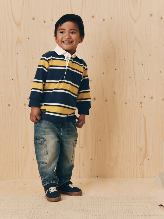 Navy/Yellow Striped Long Sleeve Rugby Polo Shirt (3mths-7yrs)
