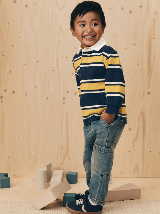 Navy/Yellow Striped Long Sleeve Rugby Polo Shirt (3mths-7yrs)