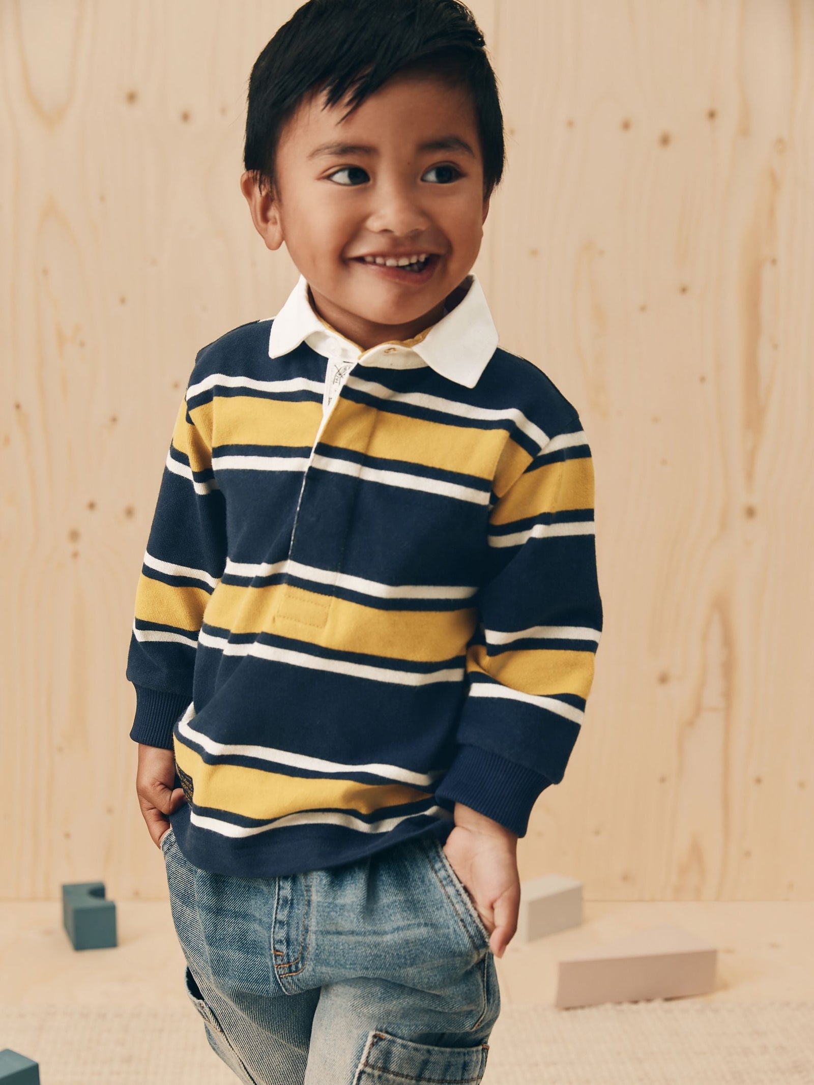 Navy/Yellow Striped Long Sleeve Rugby Polo Shirt (3mths-7yrs)