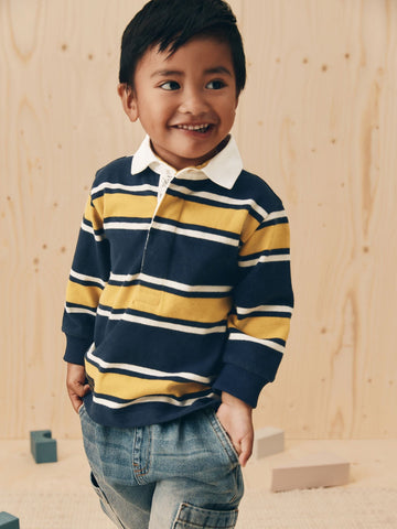 Navy/Yellow Striped Long Sleeve Rugby Polo Shirt (3mths-7yrs)