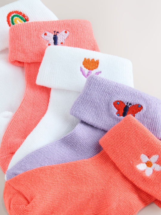 Pink/Purple/White Baby Roll Top Socks 5 Pack (0mths-2yrs)