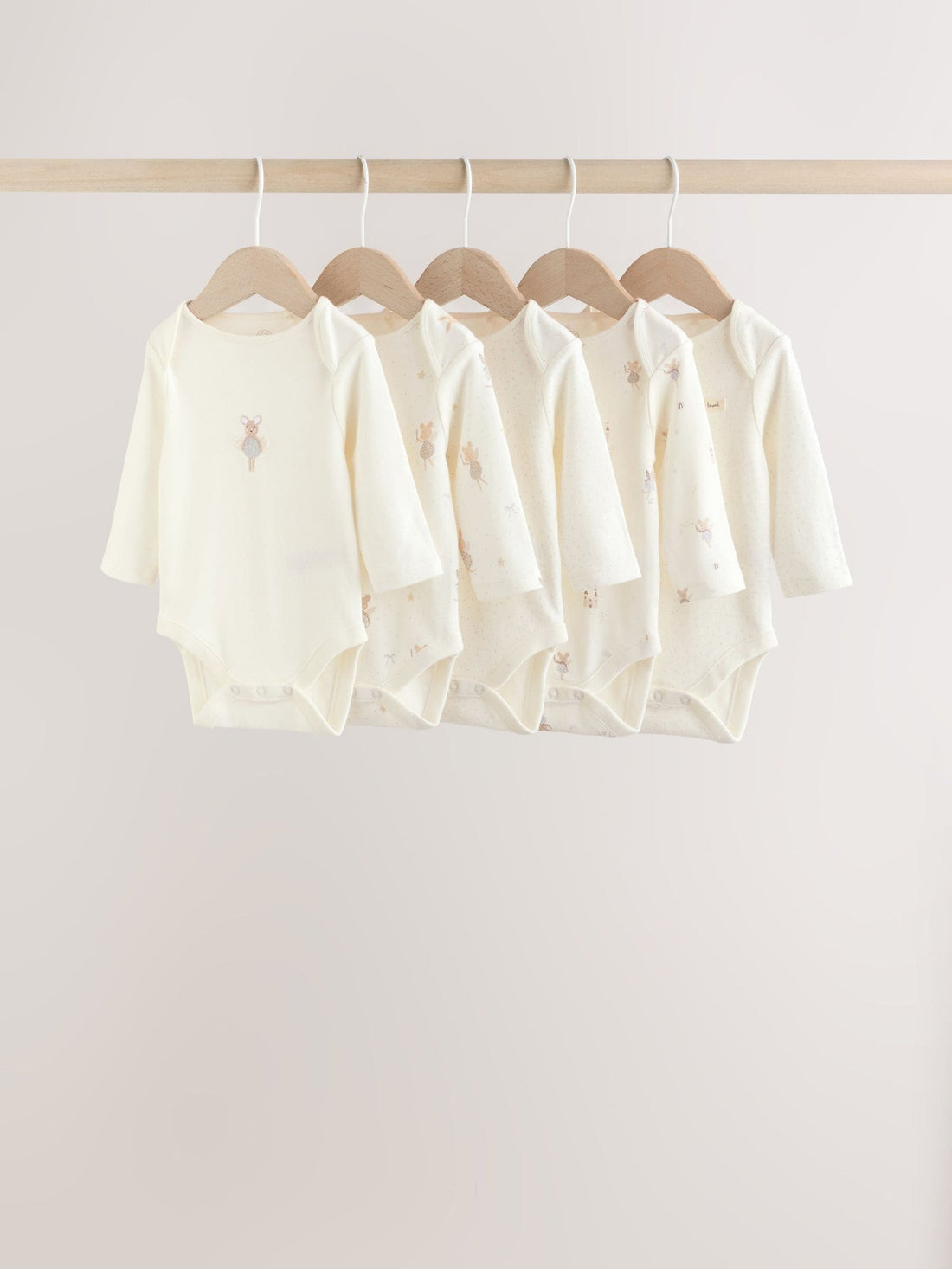 Ecru Fairy Mouse 5 Pack Long Sleeve Baby Bodysuits immediate