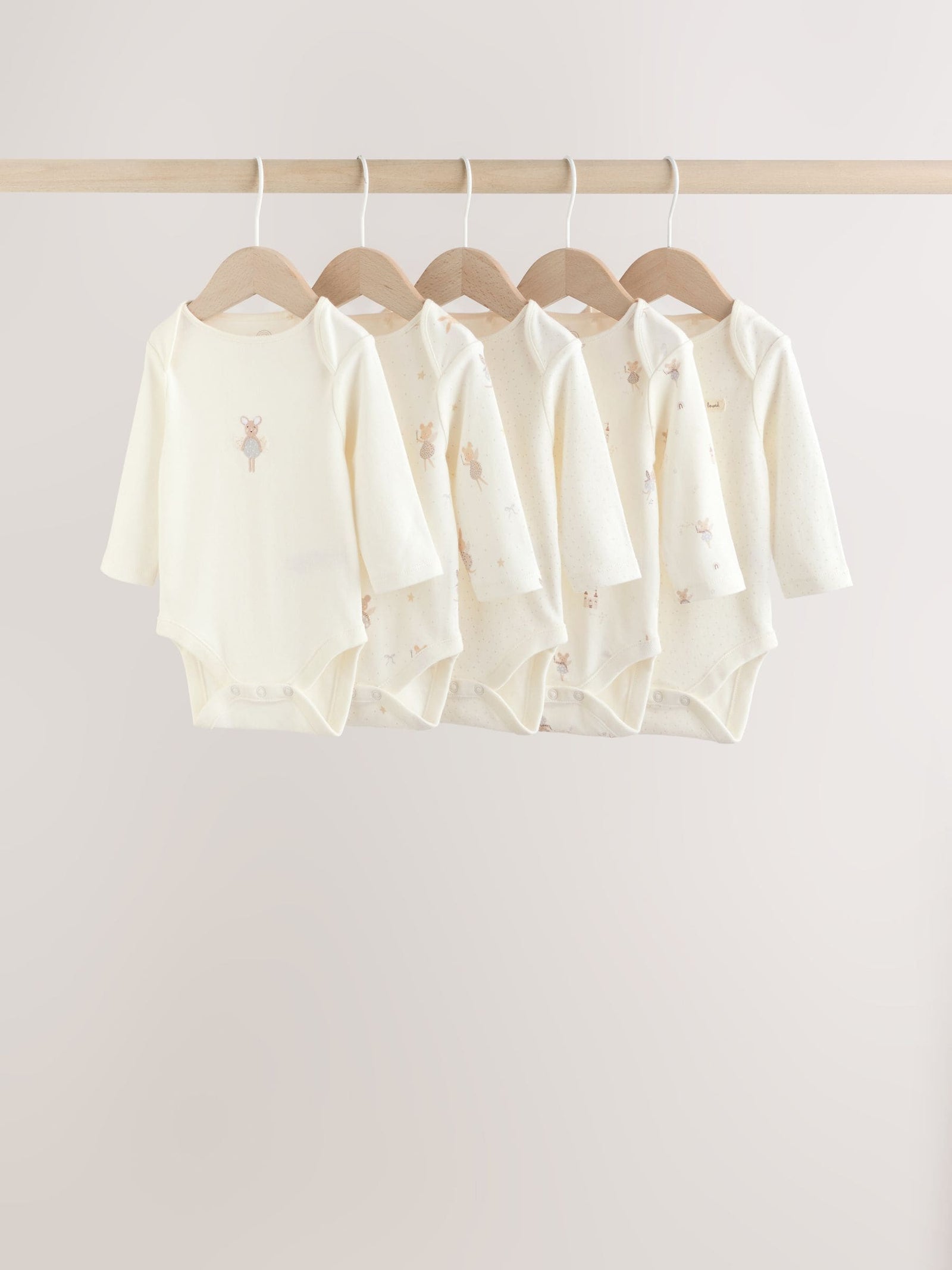 Ecru Fairy Mouse 5 Pack Long Sleeve Baby Bodysuits