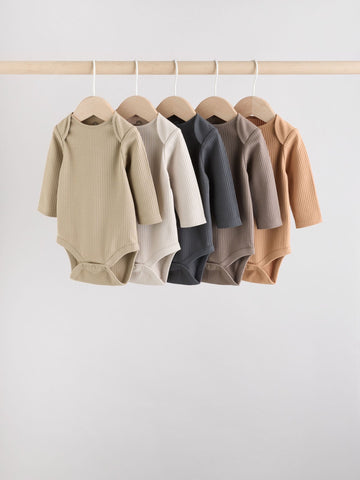 Brown Long Sleeve Baby Bodysuits 5 Pack