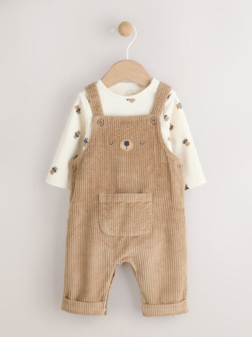 Tan Brown Bear Cord Dungarees and Bodysuit Set (0mths-2yrs)