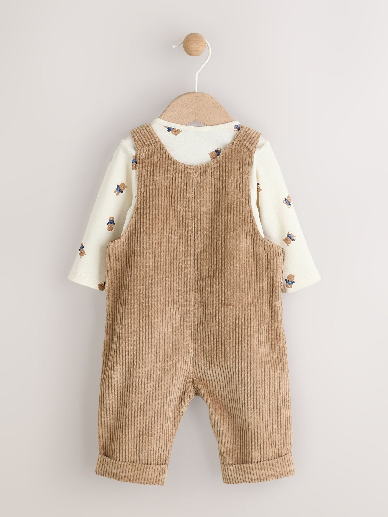Tan Brown Bear Cord Dungarees and Bodysuit Baby Set