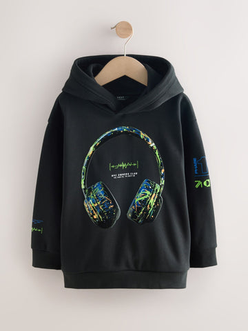 Black Headphones Older Boys Graphic Print Hoodie (3-16yrs)