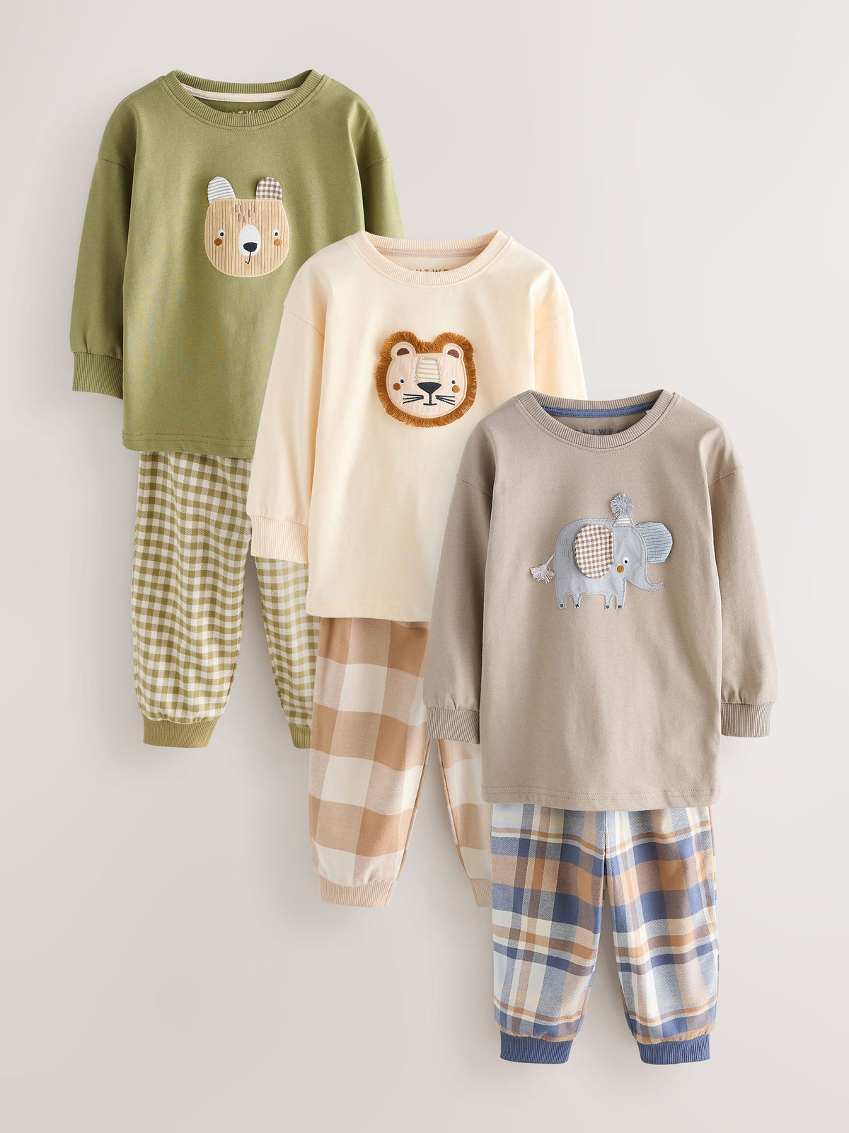 Olive Green/Stone/Ecru Animal Check Woven Bottom Pyjamas 3 Pack (9mths-12yrs)