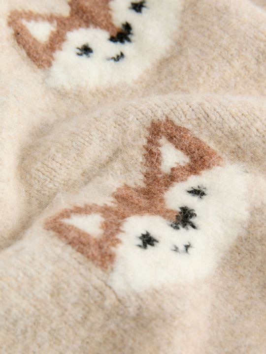 Neutral Fox Print Knitted Crew Neck Jumper (3mths-7yrs)