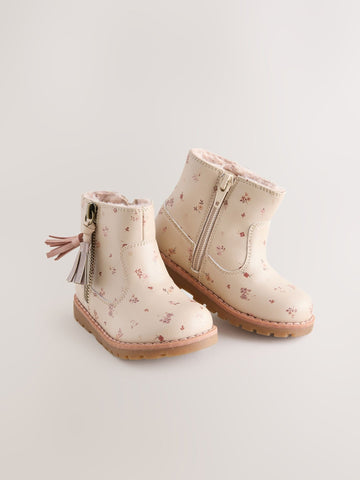 Neutral Floral Wide Fit (G) Chelsea Zip Tassel Ankle Boots