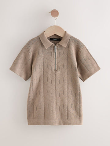 Taupe Brown Knitted Zip Neck Polo Shirt (3-16yrs)