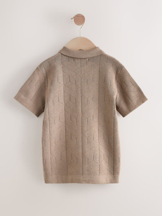 Taupe Brown Knitted Zip Neck Polo Shirt (3-16yrs)