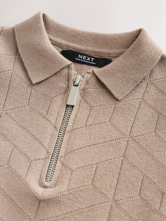 Taupe Brown Knitted Zip Neck Polo Shirt (3-16yrs)