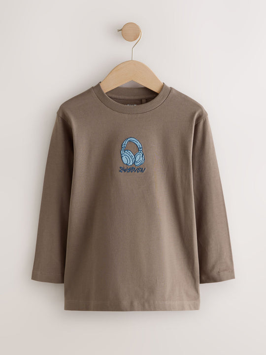 Grey/Blue/Brown Embroidery Graphic Long Sleeve T-Shirts 3 Pack (3-16yrs)