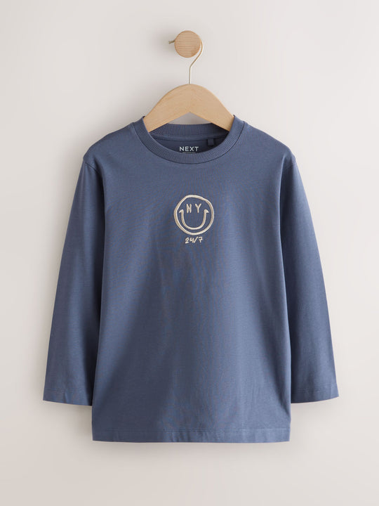 Grey/Blue/Brown Embroidery Graphic Long Sleeve T-Shirts 3 Pack (3-16yrs)