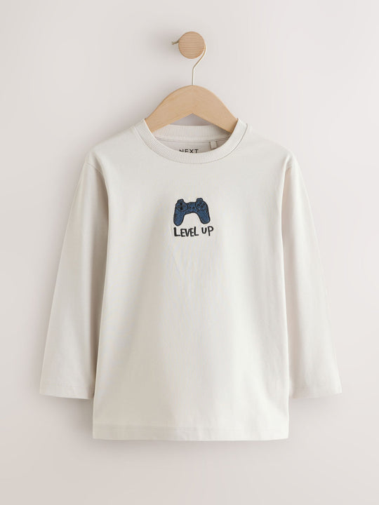 Grey/Blue/Brown Embroidery Graphic Long Sleeve T-Shirts 3 Pack (3-16yrs)
