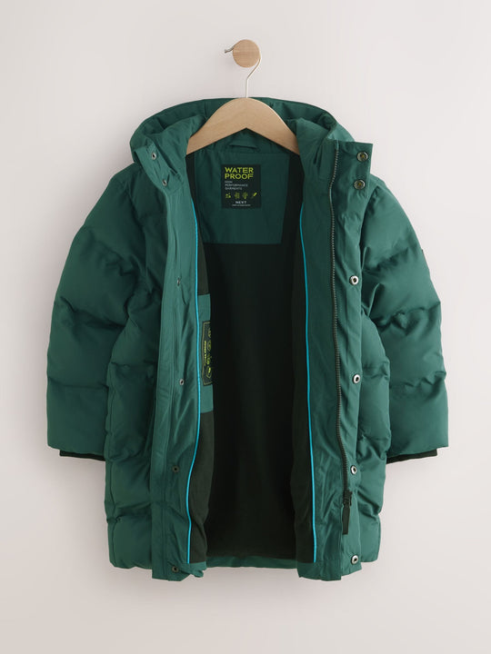 Khaki Green Waterproof Long Line Fleece Lined Puffer Coat (3-17yrs)