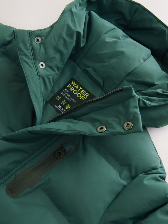 Khaki Green Waterproof Long Line Fleece Lined Puffer Coat (3-17yrs)