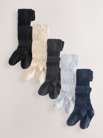 Grey Black Oatmeal and Navy Blue Cotton Rich Cable Tights 5 Pack