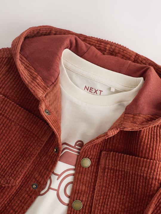 Rust Red Hooded Corduroy Overshirt & T-Shirt Set 2 Piece (3mths-7yrs)