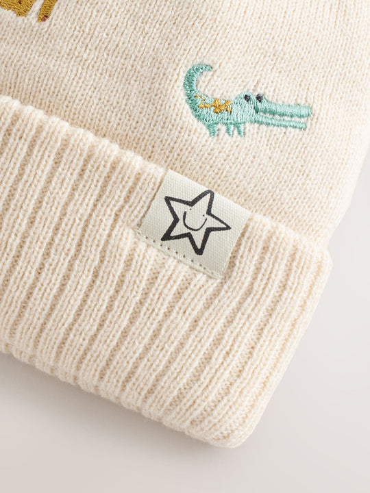 Neutral Safari Embroidered Pom Beanie Hat (3mths-10yrs)