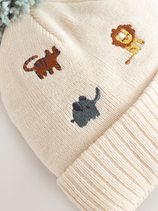 Neutral Safari Embroidered Pom Beanie Hat (3mths-10yrs)