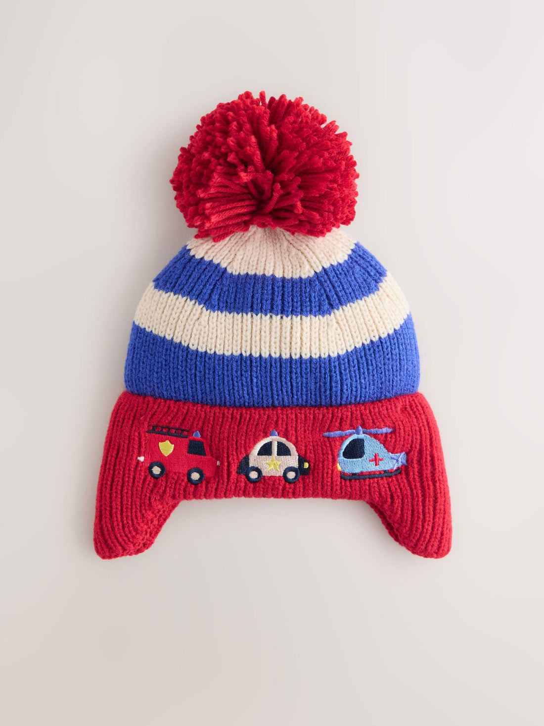 Red/Blue Emergency Vehicles Ear-Cover Pom Beanie Hat (3mths-10yrs)