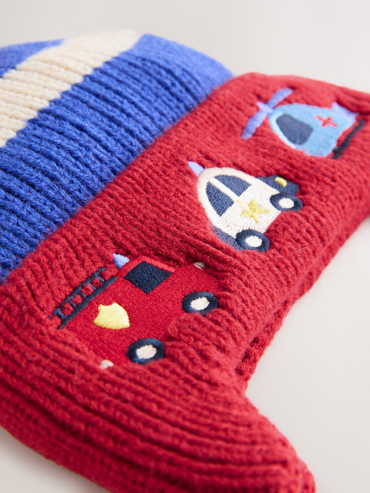 Red/Blue Emergency Vehicles Ear-Cover Pom Beanie Hat (3mths-10yrs)
