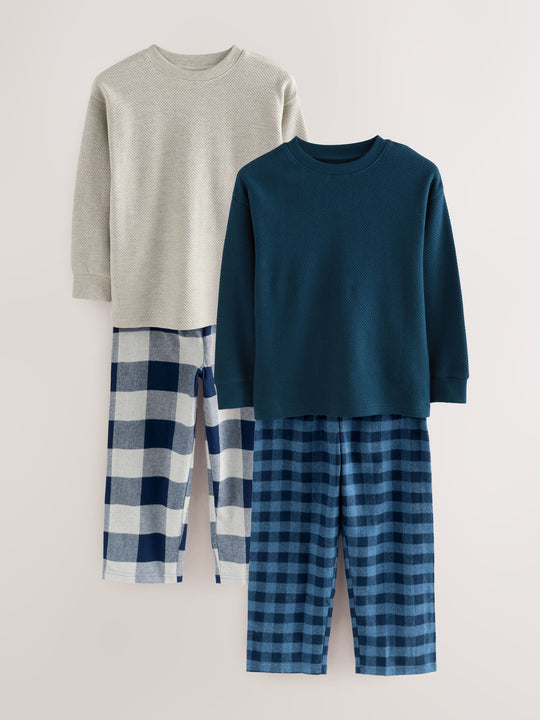 Blue/Grey Long Sleeve Woven Check Pyjamas 2 Pack (3-16yrs)