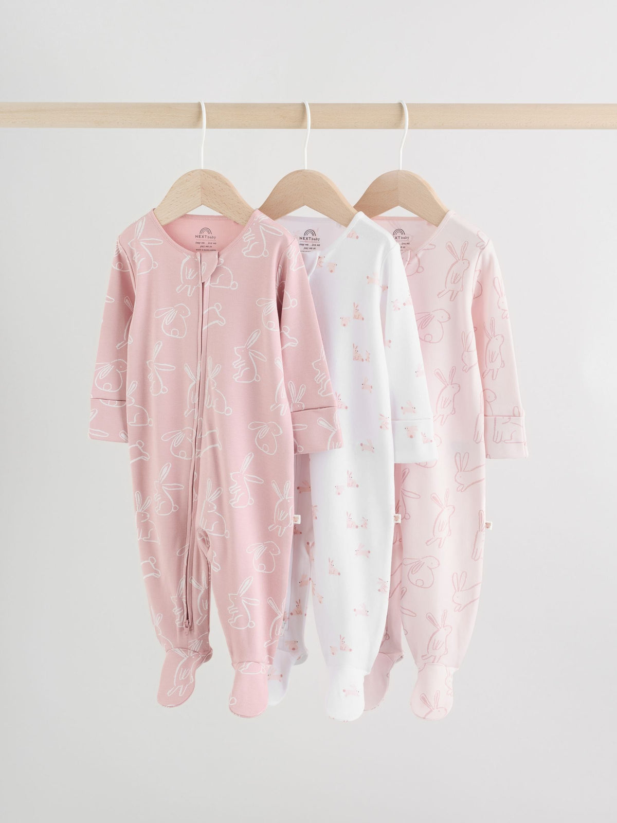 Pink Bunny Two Way Zip Baby Sleepsuits 3 Pack (0mths-2yrs)