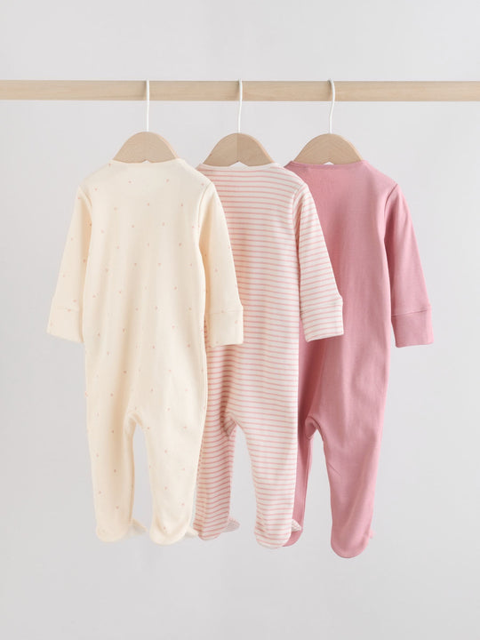 Pink Heart Two Way Zip Baby Sleepsuits 3 Pack (0-2yrs)