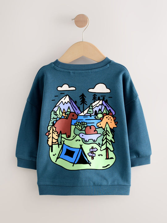 Blue Dinosaur Back Printed Crew Neck Jersey Sweatshirt (3mths-7yrs)