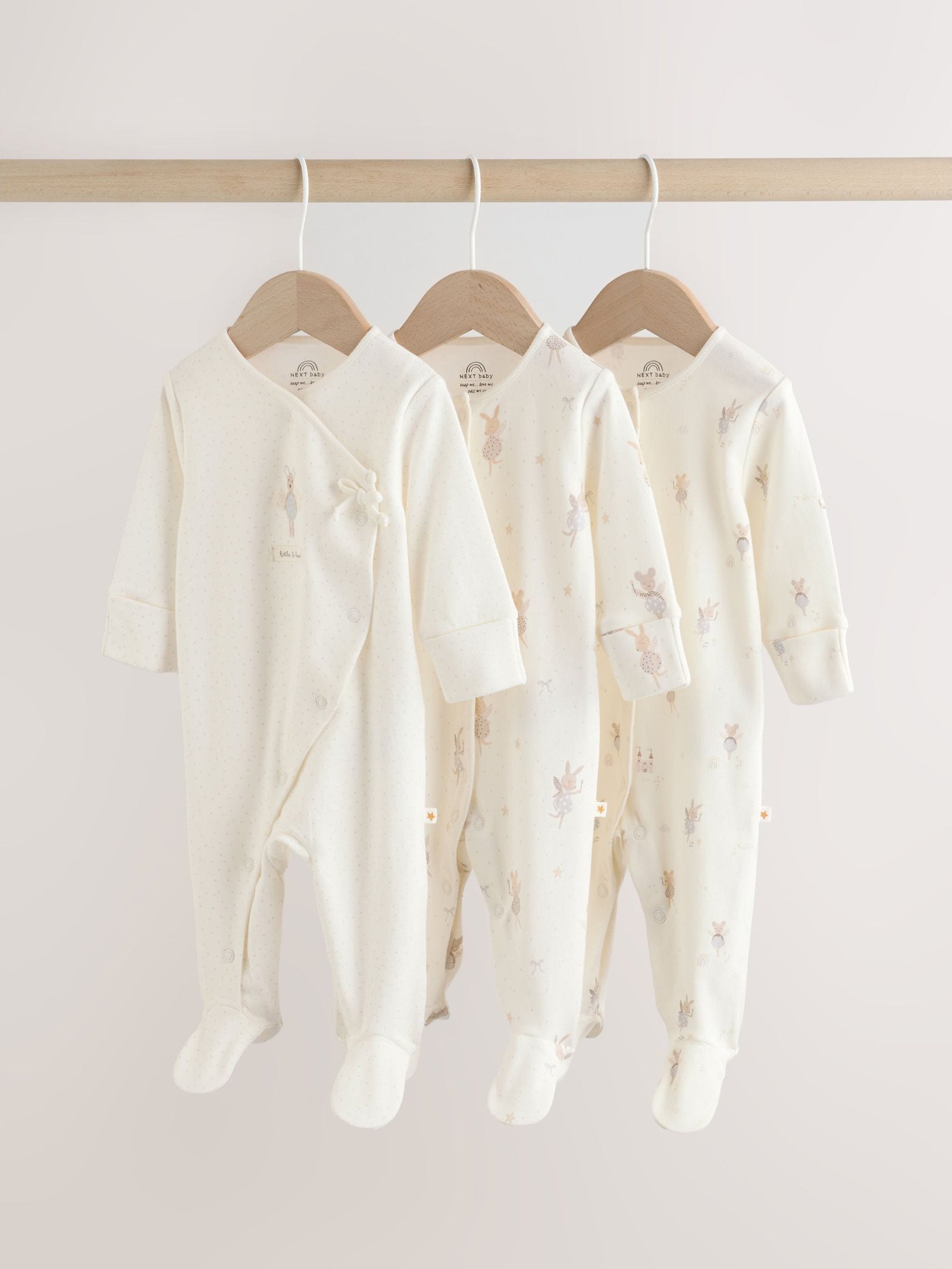 Ecru Fairy Mouse 3 Pack Baby Sleepsuits immediate