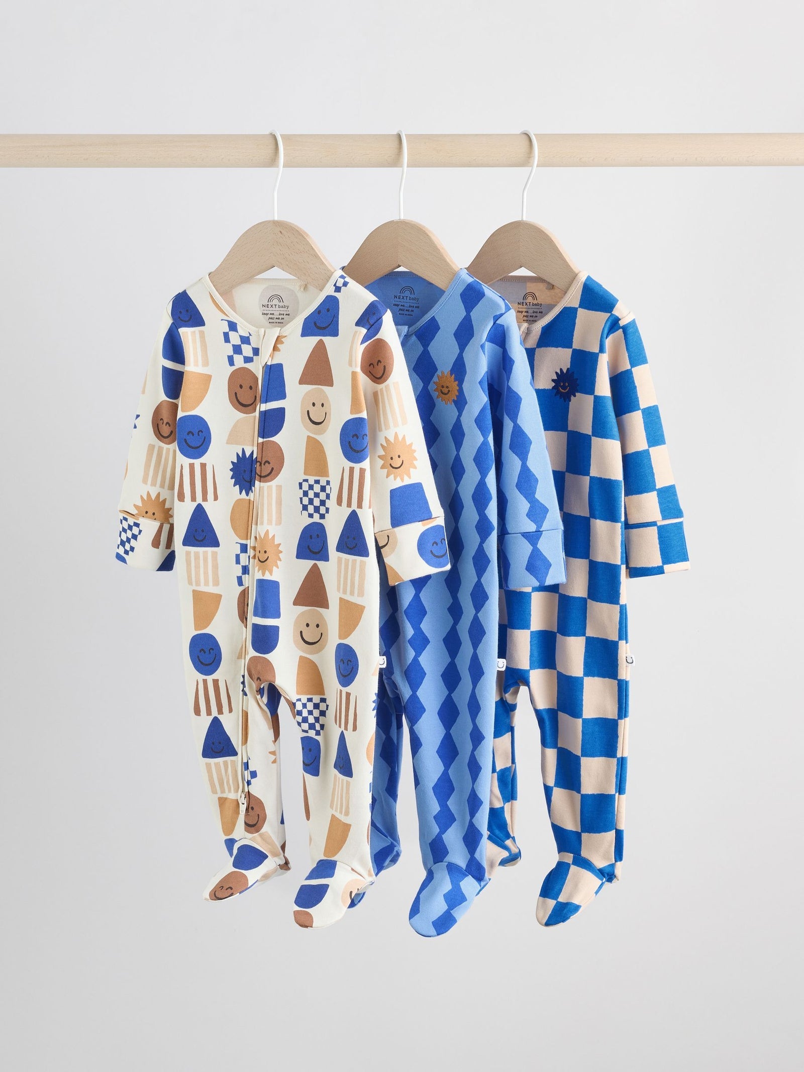 Cobalt Blue Baby Two Way Zip Sleepsuits 3 Pack