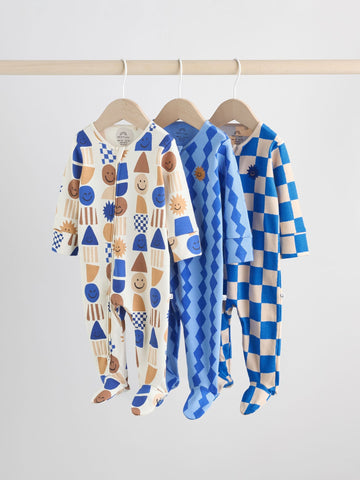 Cobalt Blue Baby Two Way Zip Sleepsuits 3 Pack