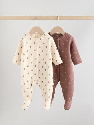 Brown Baby Quilted Bear Sleepsuits 2 Pack