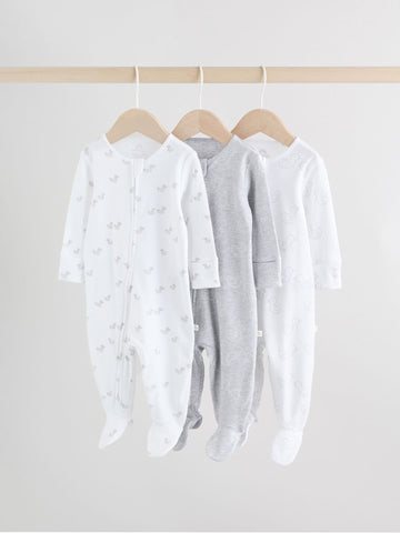 Grey Baby Two Way Zip Sleepsuits 3 Pack (0-2yrs)