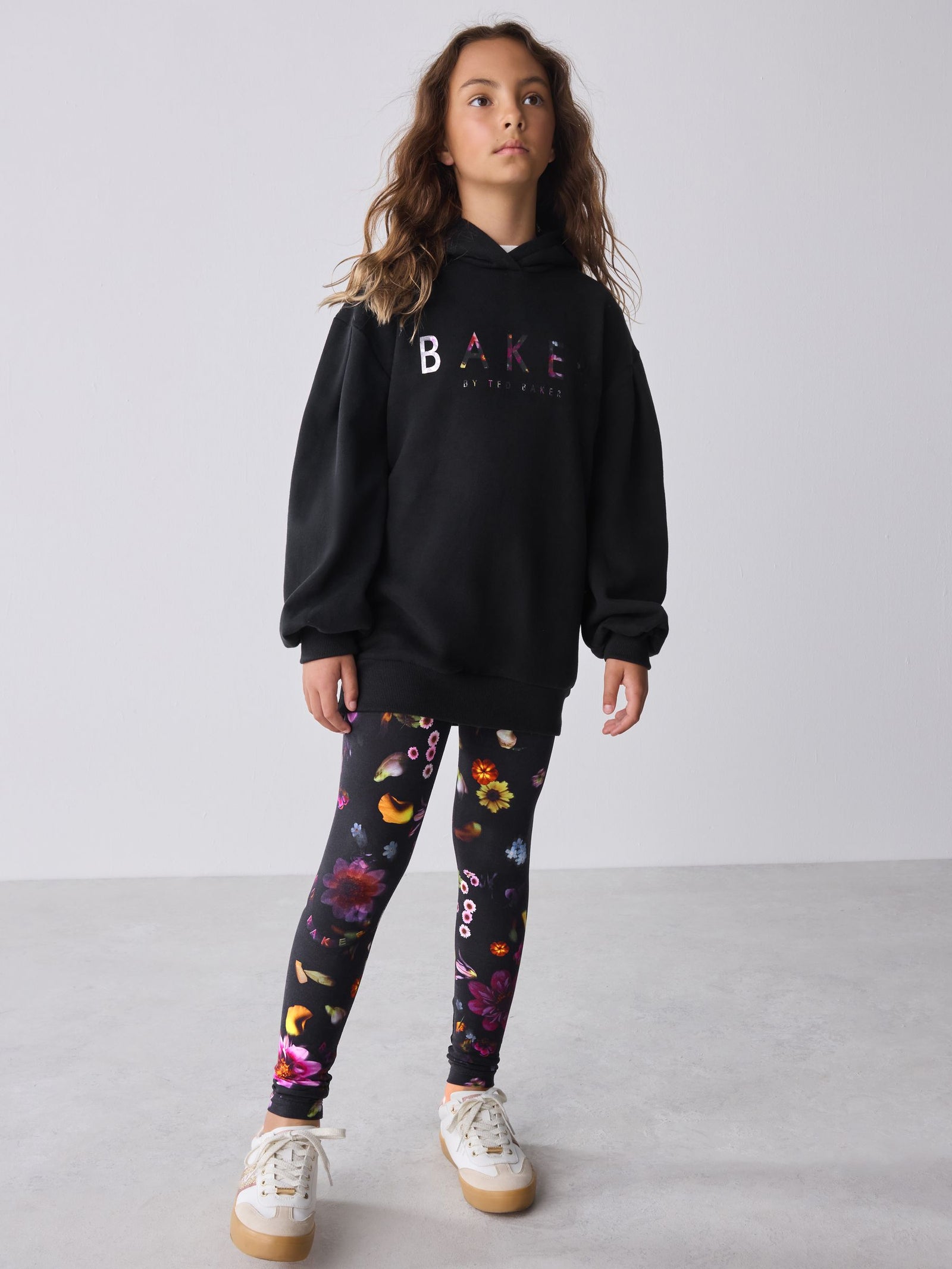Baker by Ted Baker 2 Piece Longline Black Hoodie and Printed Leggings Set