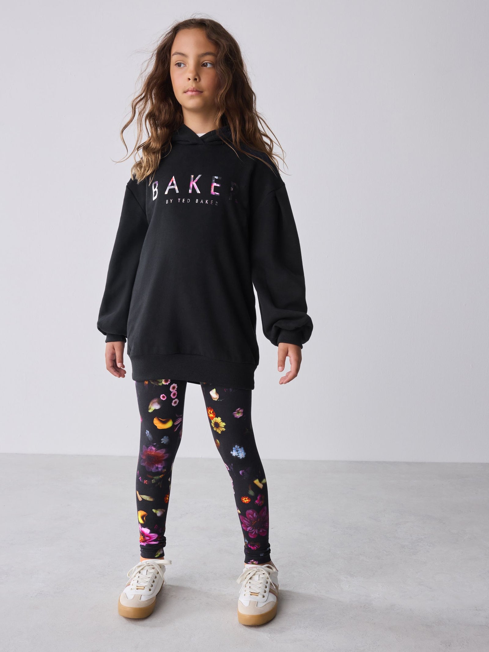 Baker by Ted Baker 2 Piece Longline Black Hoodie and Printed Leggings Set