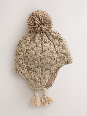 Neutral Cable Knit Inca Pom Hat (3mths-10yrs)