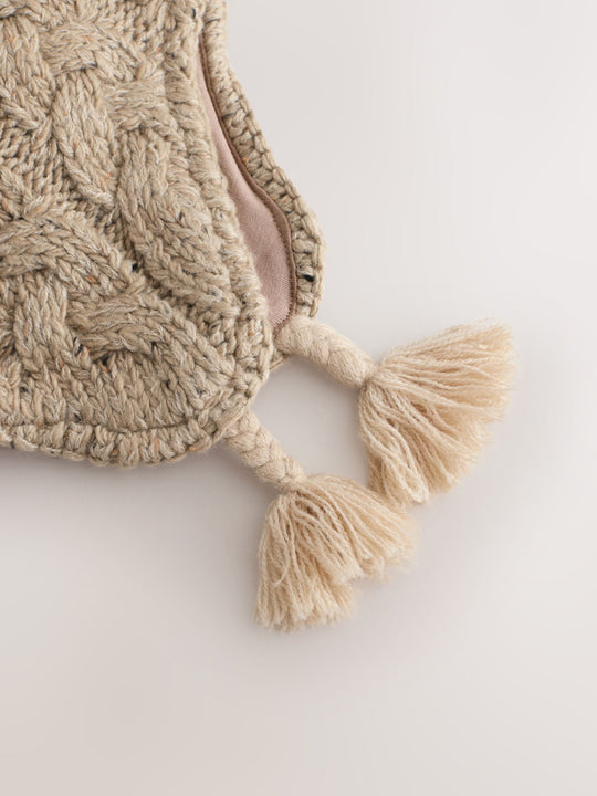 Neutral Cable Knit Inca Pom Hat (3mths-10yrs)