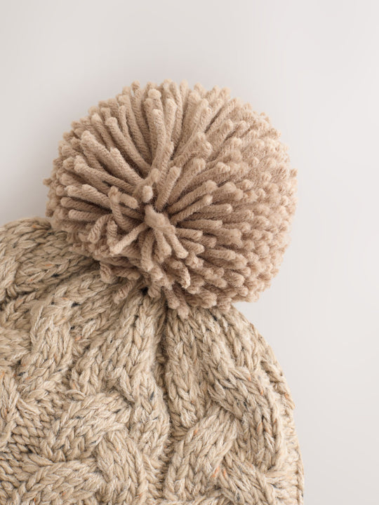 Neutral Cable Knit Inca Pom Hat (3mths-10yrs)