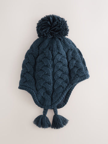 Navy Blue Cable Knit Inca Pom Hat (3mths-10yrs)