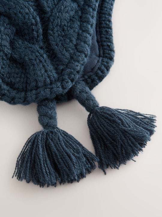 Navy Blue Cable Knit Inca Pom Hat (3mths-10yrs)