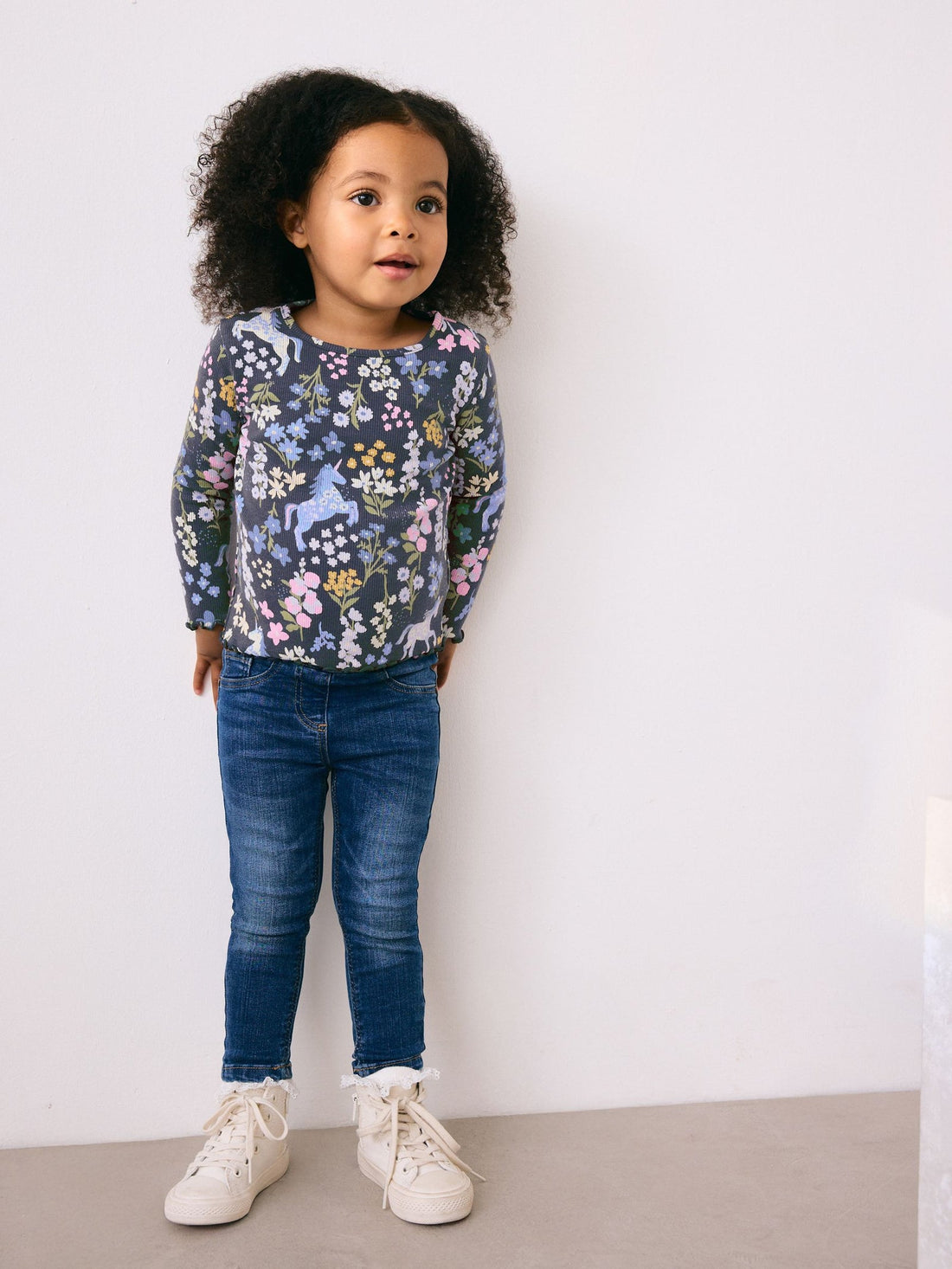 Navy Floral Unicorn Print Long Sleeve Ribbed T-Shirt (3mths-7yrs)